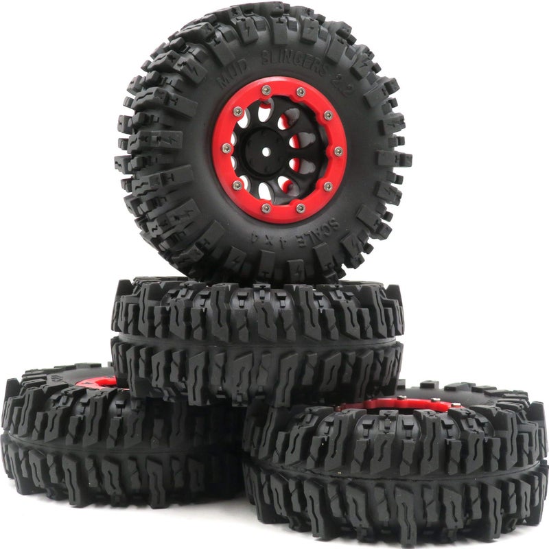hobbysoul 4pcs RC 2.2 Mud Slingers Tires Soft Sticky Tyers Height 124mm & 2.2 Beadlock Wheels Rim Hex 12mm for RC Crawlers Truck Upgrade - Image 1